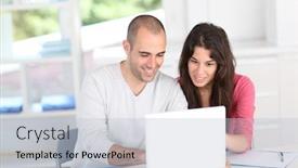  Presentation with office workers - Cool new PPT theme with office workers meeting for work project backdrop and a light blue colored foreground