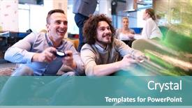  Presentation with hard work - Cool new PPT layouts with office workers playing computer game backdrop and a teal colored foreground