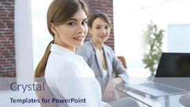  Presentation with office workers - PPT layouts having office workers sitting behind a desk background and a sky blue colored foreground