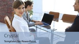  Presentation with office workers - Audience pleasing theme consisting of office workers sitting behind a desk backdrop and a light blue colored foreground