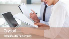  Presentation with office workers - Beautiful PPT theme featuring office workers typing a report backdrop and a coral colored foreground