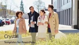  Presentation with international education - Amazing presentation theme having office workers with conference badge backdrop and a yellow colored foreground