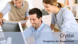  Presentation with desktop - Beautiful PPT theme featuring office working on desktop computer backdrop and a  colored foreground