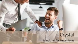  Presentation with men and women working in harmony - Cool new PPT theme with office working with computer backdrop and a coral colored foreground