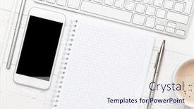  Presentation with smartphone app - Colorful slide set enhanced with office-workplace-desk-table backdrop and a sky blue colored foreground