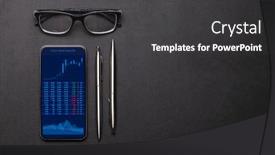  Presentation with analytics - Presentation theme having office-workplace-table-with-smartphone background and a dark gray colored foreground