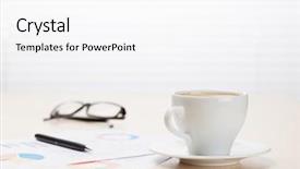  Presentation with front desk - Slides enhanced with office workplace with coffee cup supplies and reports on wood desk table in front of window with blinds view with copy space background and a white colored foreground