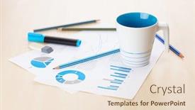  Presentation with wooden desk cup - Presentation design featuring office workplace with coffee cup and charts on wooden desk table background and a lemonade colored foreground