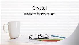  Presentation with front desk - Presentation theme enhanced with office workplace with coffee cup supplies and reports on wood desk table in front of window with blinds view with copy space background and a white colored foreground