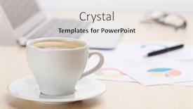  Presentation with front desk - Cool new slides with office workplace with coffee cup laptop and supplies on wood desk table in front of window with blinds backdrop and a white colored foreground