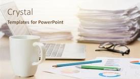  Presentation with front desk - Colorful presentation theme enhanced with office workplace with coffee cup laptop and supplies on wood desk table in front of window with blinds backdrop and a cream colored foreground