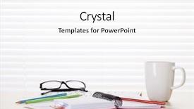  Presentation with front desk - Presentation theme with office workplace with coffee cup supplies and reports on wood desk table in front of window with blinds view with copy space background and a white colored foreground