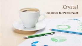  Presentation with wooden desk cup - Colorful PPT layouts enhanced with office workplace with coffee cup and charts on wooden desk table backdrop and a sky blue colored foreground