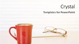  Presentation with front desk - Amazing presentation theme having office workplace with coffee and pc on wooden desk table in front of window with blinds backdrop and a cream colored foreground