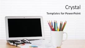  Presentation with front desk - Presentation having office workplace with laptop reports background and a pink colored foreground