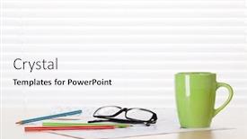  Presentation with front desk - Colorful slide deck enhanced with office workplace with supplies on wood desk table in front of window with blinds backdrop and a white colored foreground