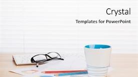  Presentation with front desk - PPT layouts with office workplace with supplies and reports on wood desk table in front of window with blinds background and a white colored foreground