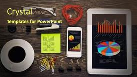  Presentation with stationary - Audience pleasing slides consisting of office workplace with tablet cup mobile phone and stationary backdrop and a tawny brown colored foreground