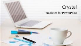  Presentation with wooden desk cup - Beautiful PPT theme featuring office workplace with with laptop and coffee cup on wooden desk table in front of window with blinds backdrop and a white colored foreground