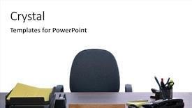  Presentation with white pigeon against the blue - Slides featuring office workstations - desk with nobody sat background and a white colored foreground