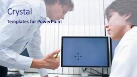  Presentation with employees working together - Cool new presentation with office workstations - two employees working together backdrop and a  colored foreground