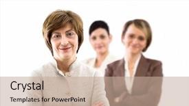  Presentation with three - Beautiful presentation theme featuring officebuilding smiling senior businesswoman leading backdrop and a coral colored foreground