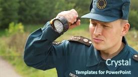  Presentation with rescue - Slide deck enhanced with officer of rescue service looking background and a ocean colored foreground