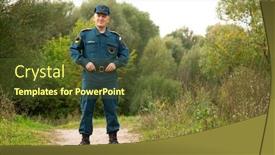 Presentation with rescue - Colorful presentation design enhanced with officer of rescue service standing on footpath outdoors backdrop and a tawny brown colored foreground