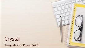  Presentation with office desk reception - Slide deck with offices layout - wooden office desk with computer background and a lemonade colored foreground