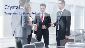  Presentation with employees - Slide deck with official meeting - employees talking standing background and a sky blue colored foreground