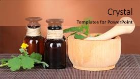  Presentation with medicine plants - Presentation theme enhanced with officialisl plants - blooming celandine with medicine bottles background and a  colored foreground
