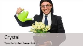  Presentation with spring flowers on textured - Cool new presentation theme with officialisl plants - handsome businessman holding spring flowers backdrop and a light gray colored foreground