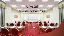  Presentation with meetings - Audience pleasing presentation theme consisting of officialisl plants - tables rows of red chairs backdrop and a  colored foreground