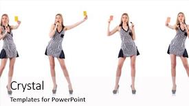  Presentation with white and black woman climbing ladders - PPT layouts with officiating games - woman judge isolated background and a white colored foreground