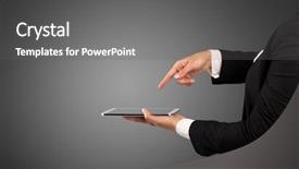  Presentation with tablet - Beautiful PPT theme featuring offline - female hand in suit holding backdrop and a gray colored foreground