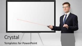  Presentation with pointer - Theme consisting of offline - young businessman with laser pointer background and a light gray colored foreground