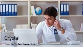  Presentation with agent of change - Audience pleasing PPT theme consisting of offshoring marketing - businessman operator agent working backdrop and a  colored foreground