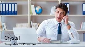  Presentation with agent of change - Audience pleasing PPT theme consisting of offshoring marketing - businessman operator agent working backdrop and a  colored foreground