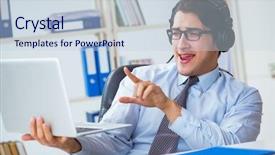  Presentation with call center management - PPT theme featuring offshoring marketing - call center operator talking background and a  colored foreground