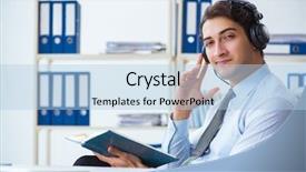  Presentation with call center - Beautiful slide deck featuring offshoring marketing - call center operator talking backdrop and a  colored foreground