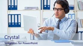  Presentation with call center - Presentation theme enhanced with offshoring marketing - call center operator talking background and a  colored foreground