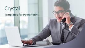  Presentation with call center management - Audience pleasing presentation theme consisting of offshoring marketing - call center operator talking backdrop and a  colored foreground