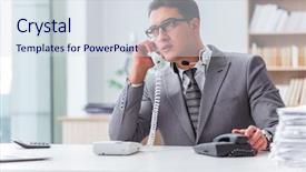  Presentation with call center agent reporting - Slide deck enhanced with offshoring marketing - call center operator talking background and a  colored foreground