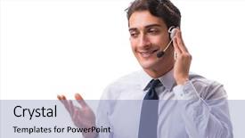  Presentation with old wite man and his music - Cool new presentation with offshoring marketing - man with headset isolated backdrop and a light blue colored foreground