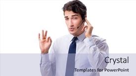  Presentation with old wite man and his music - Slide set enhanced with offshoring marketing - man with headset isolated background and a  colored foreground