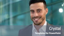  Presentation with gold man smile - PPT theme featuring ofice - friendly smiling man portrait background and a  colored foreground