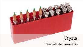  Presentation with plastic container - Slide deck having modern chromed coated brass 30 06 sringfield ammunition with a platic ballistic tip and in a plastic container isolated over white background and a sky blue colored foreground