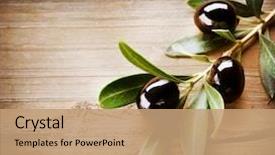  Presentation with oil - Beautiful presentation design featuring oil - olives over wooden background backdrop and a coral colored foreground