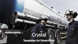  Presentation with tanker truck - Presentation having oil and gas workers fueling background and a dark gray colored foreground