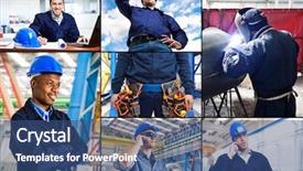  Presentation with work - Cool new presentation theme with oil business - portrait of engineers at work backdrop and a ocean colored foreground